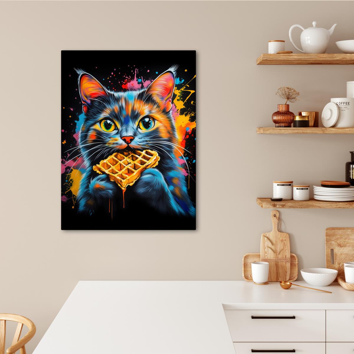 LEINWANDBILD Katze - Graffiti - Bunt - Waffel - Essen Wandbild Wohnzimmer 60x80 cm - Türkis, Textil (60/80cm) - MuchoWow