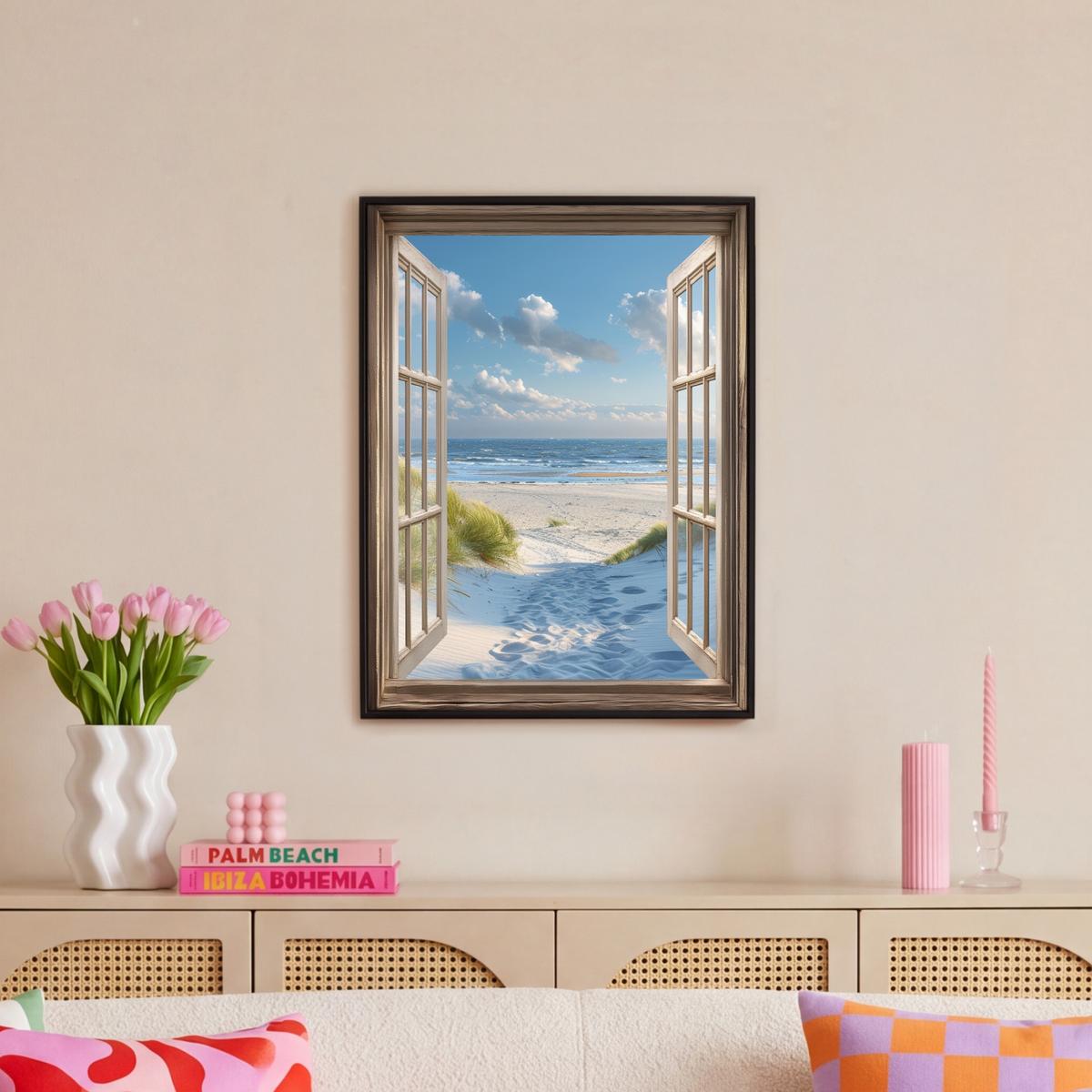 LEINWAND Bilder mit Rahmen - Aussicht - Strand - Fenster - Dünen - Meer - 60x80 - Hellblau, Textil (60/80cm) - MuchoWow