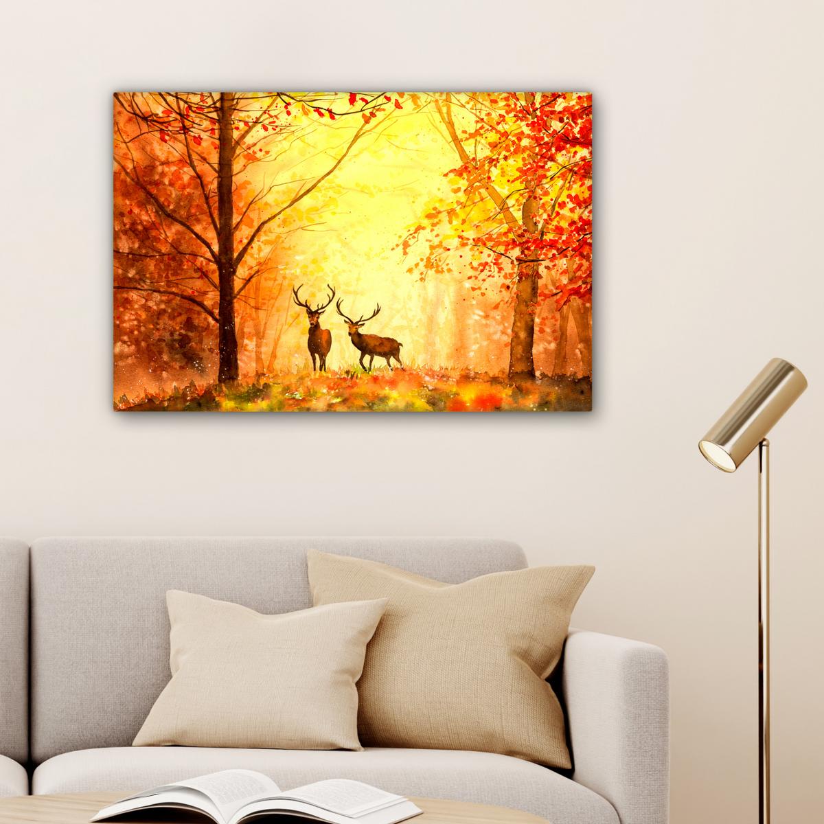 LEINWANDBILD Natur - Ölfarbe - Hirsche - Tiere - Herbst - Orange Gemälde 60x40 cm - Orange, Textil (60/40cm) - MuchoWow
