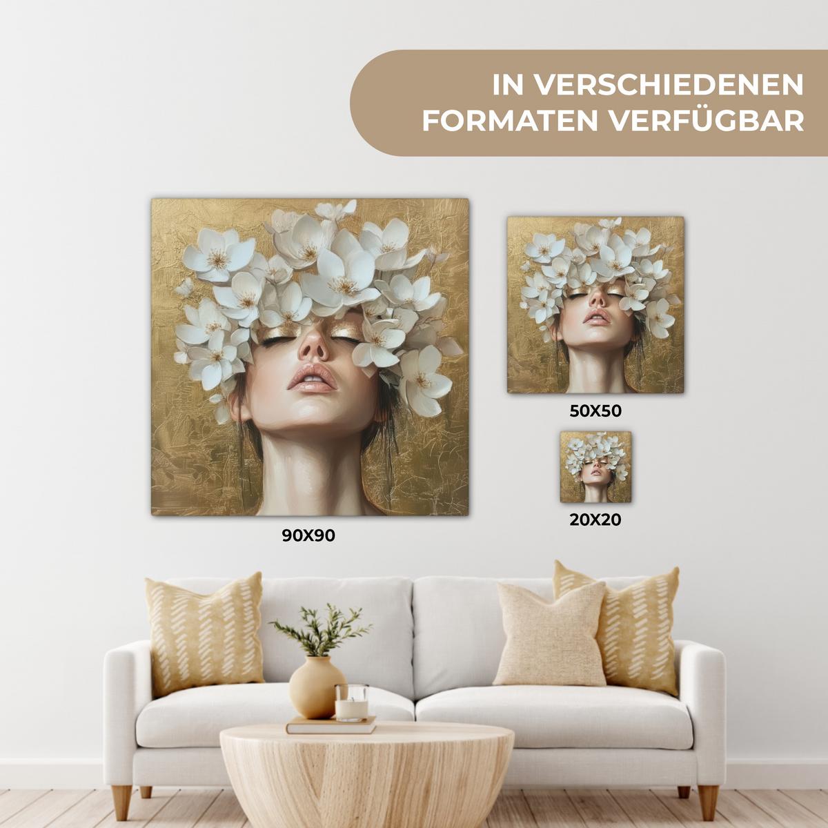 LEINWANDBILD Gesicht - Blumen - Gold - Abstrakt Deko Wohnzimmer 20x20 cm - Goldfarben, Textil (20/20cm) - MuchoWow