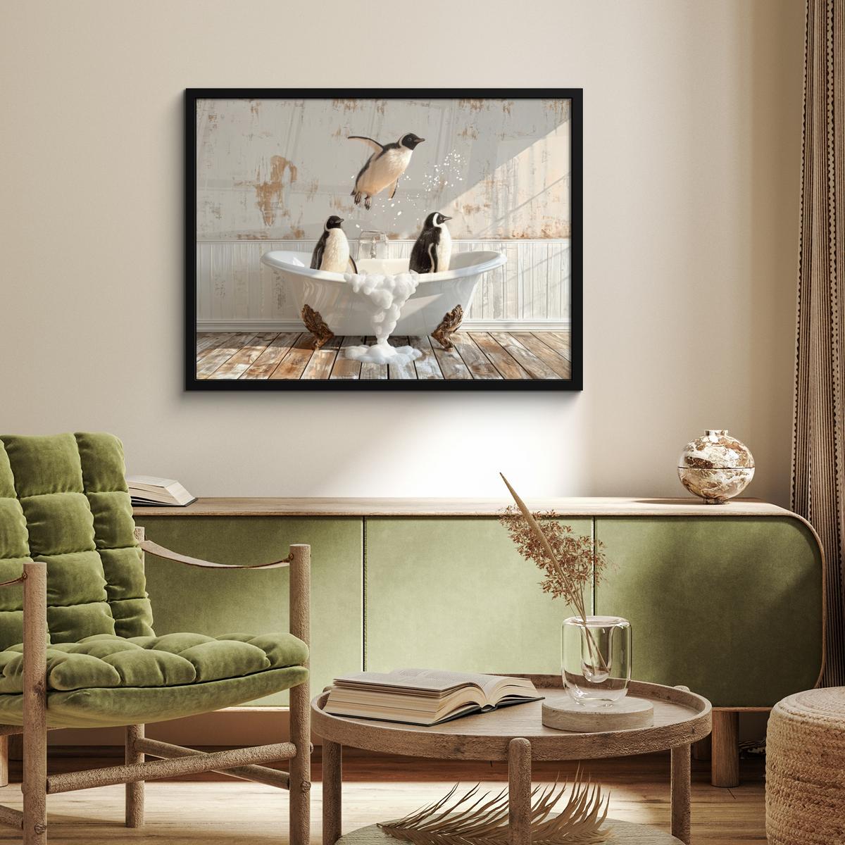 POSTER MIT RAHMENGERAHMTES BILD Vintage - Pinguin - Badewanne - Schaumstoff 80x60 cm - Schwarz, Papier (80/60cm) - MuchoWow