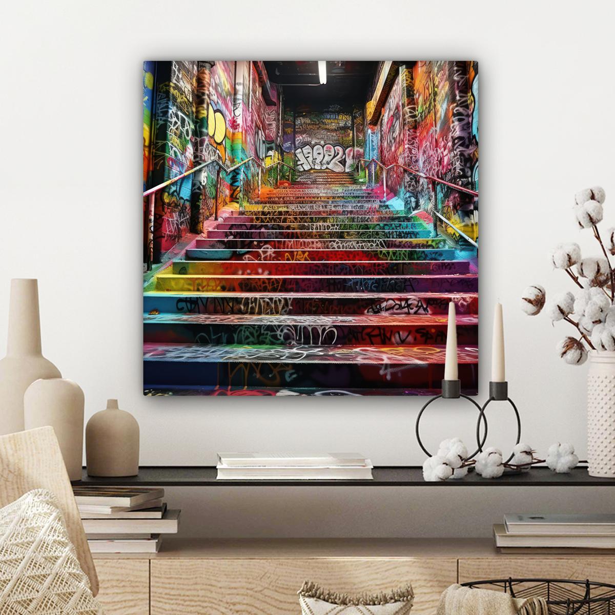 LEINWANDBILD Treppe - Graffiti - Farben - Kunst Wandbild Wohnzimmer 50x50 cm - Multicolor, Textil (50/50cm) - MuchoWow