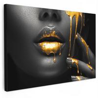 LEINWANDBILD Frau - Schwarz - Gold - Gesicht - Lippen Gemälde 60x40 cm - Goldfarben, Textil (60/40cm) - MuchoWow