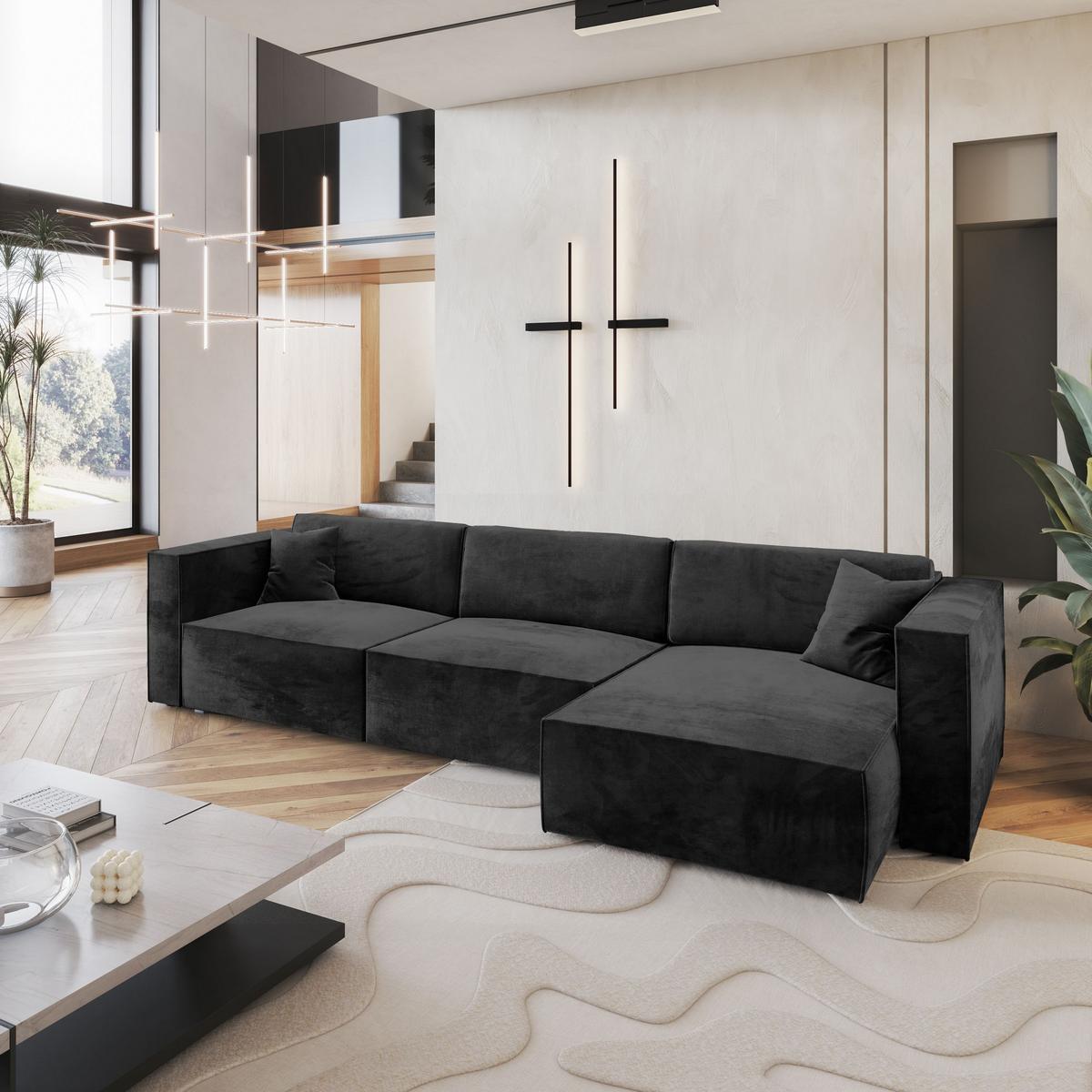 ECKSOFA TOLMO M Schwarz Velours-Stoff mit Schlaffunktion - Schwarz/Grau, Holz/Kunststoff (347/148cm) - MASSENO