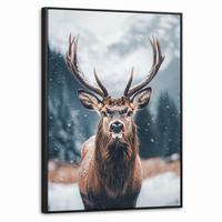 LEINWAND Bilder mit Rahmen - Hirsche - Tiere - Landschaft - Winter - Schnee - 70x100 - Kastanienfarben, Textil (70/100cm) - MuchoWow