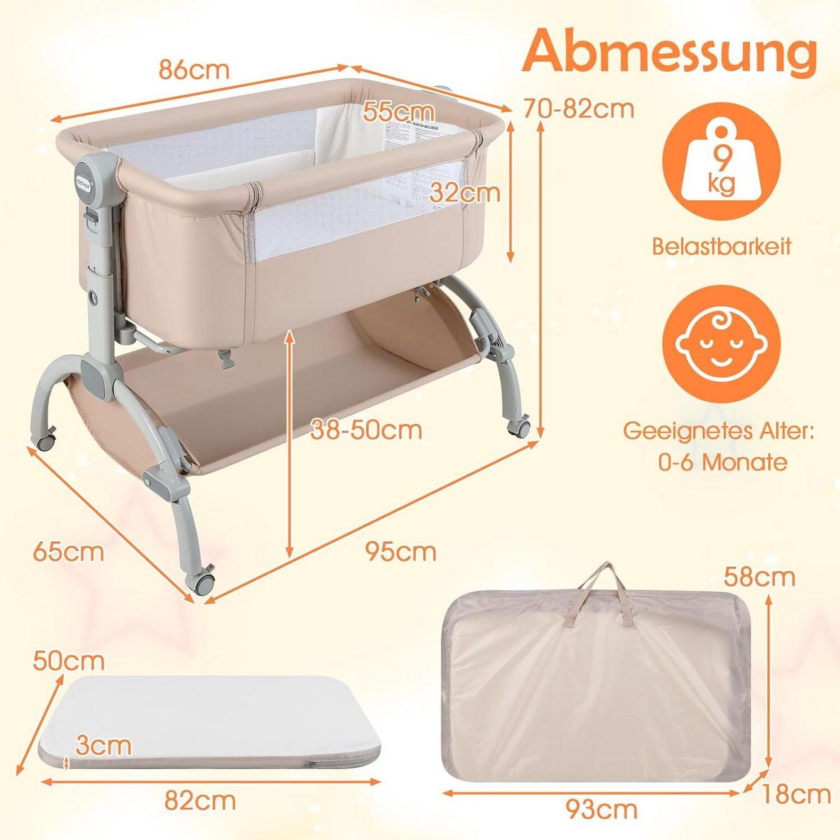 BABYWIEGE mit Matratze beige - Beige, Textil - COSTWAY