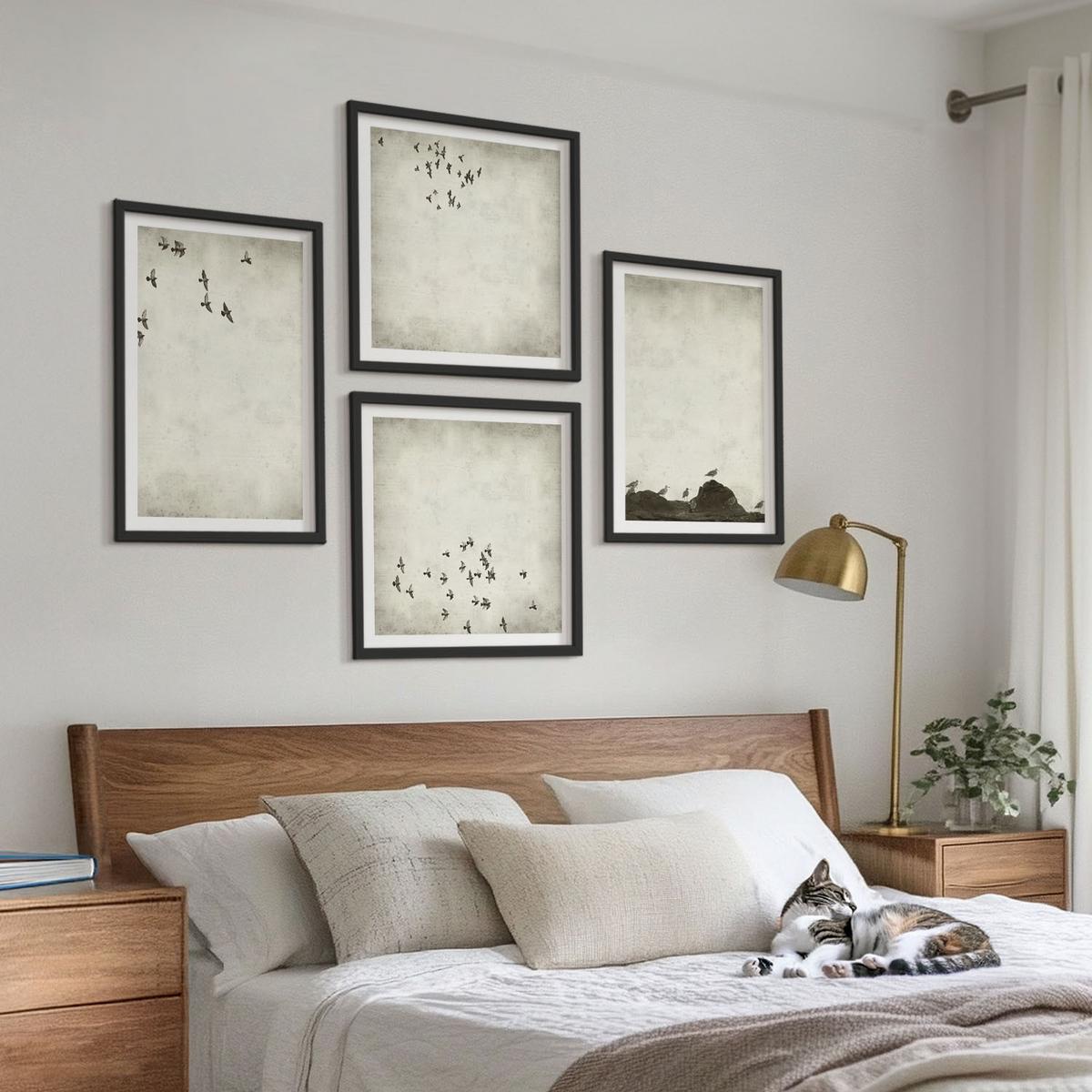BILDER SET 4er Set - 50x50 cm & 40x60 cm Schwarzer Rahmen - Minimalistische Vogelmalerei - Schwarz, Kunststoff (50/50cm) - TULUP