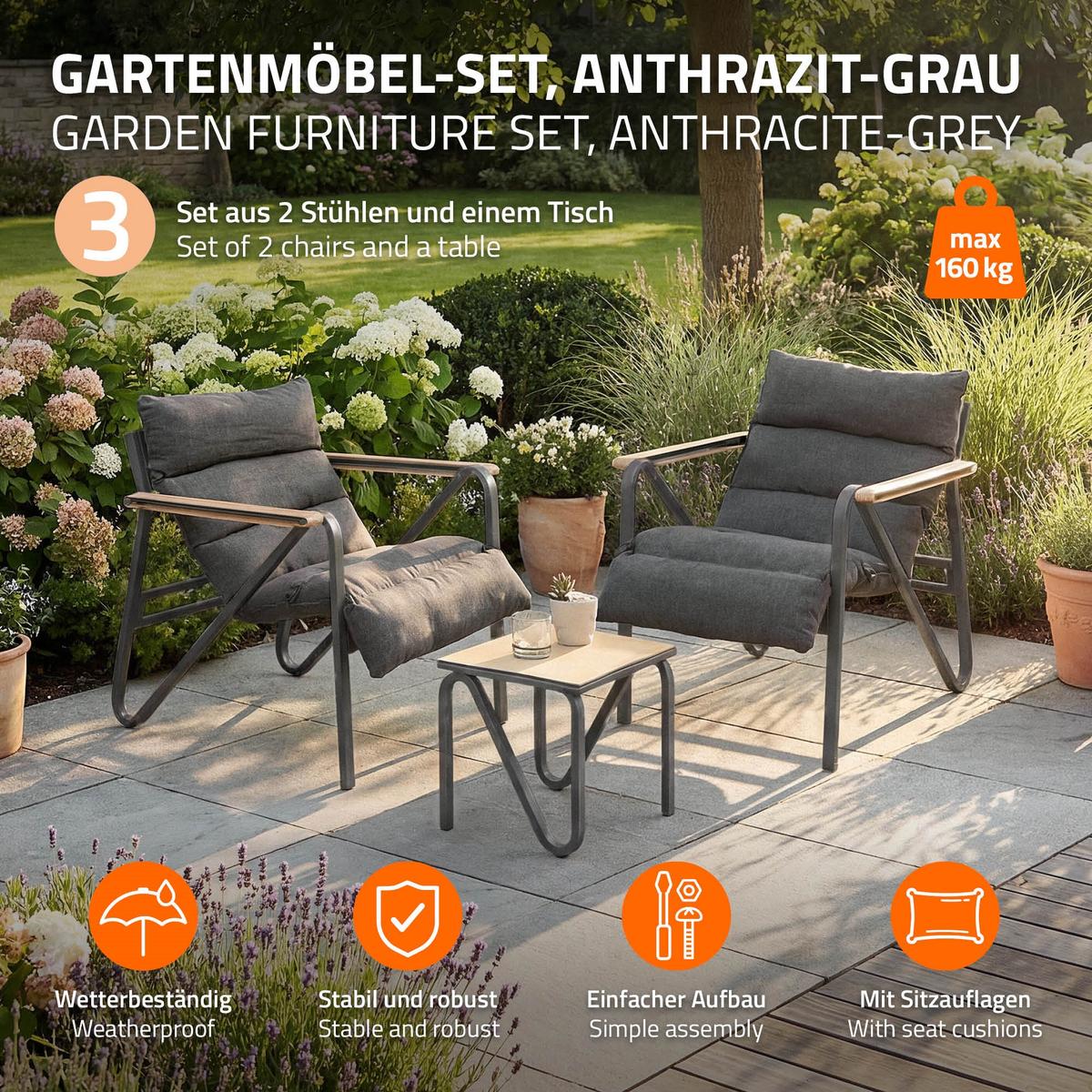 GARTENMÖBEL Set 3 tlg Anthrazit-Grau mit Stahlgestell - Anthrazit/Braun, Textil/Metall - ML-DESIGN