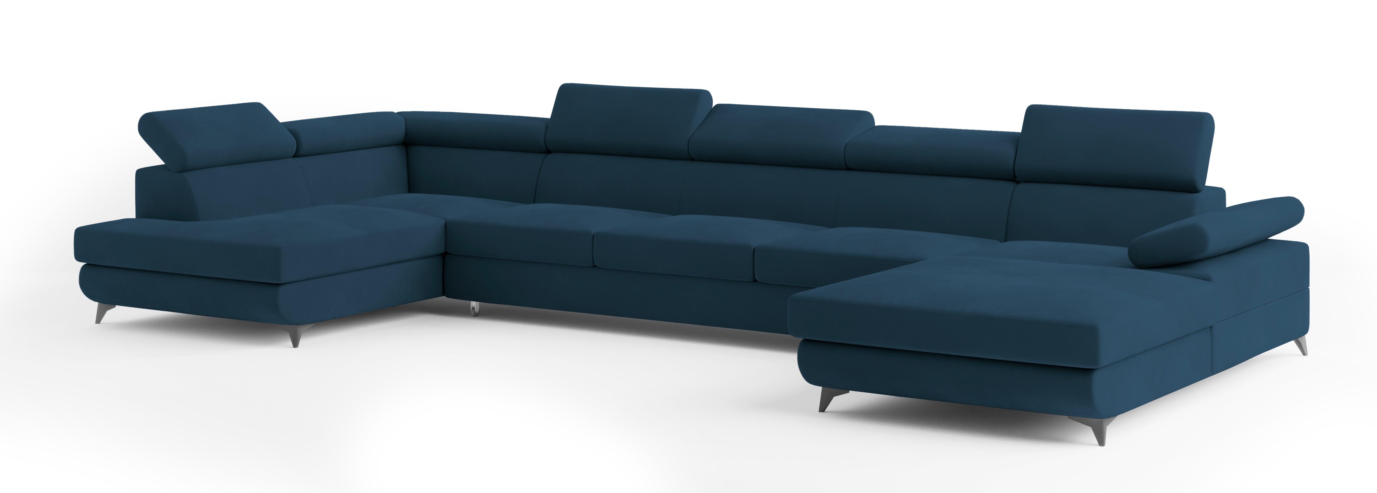 WOHNLANDSCHAFT MONTIVA Blau Velours-Stoff mit Schlaffunktion - Blau, Holz (410/89/190cm) - MASSENO