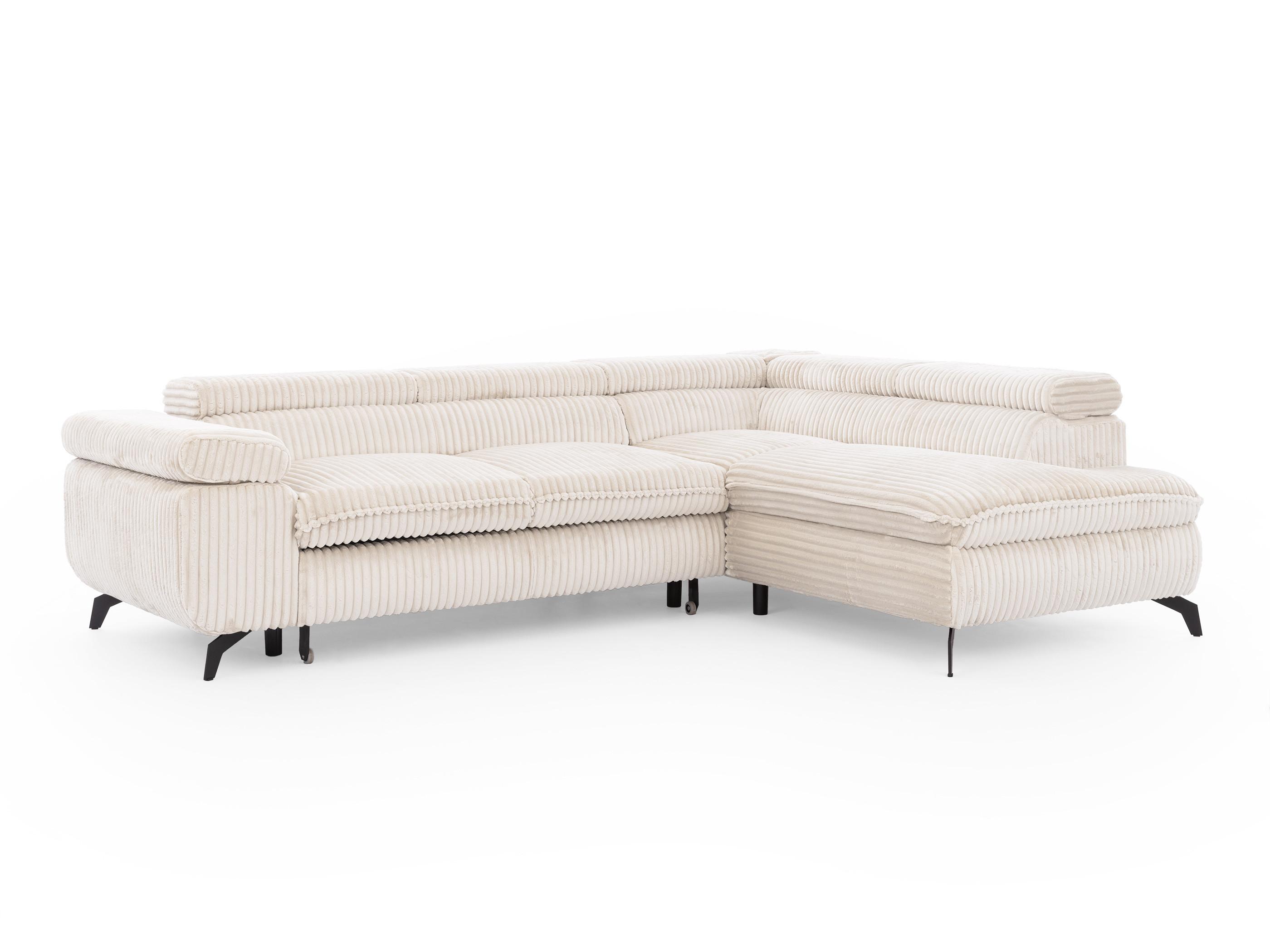 ECKSOFA mit Schlaffunktion und Bettkasten Bonnie aus Creme Cord-Stoff mit verstellbaren Kopfstützen und Armlehne - Ottomane rechts - Creme/Schwarz, Holz/Textil (275/210cm) - S-Style