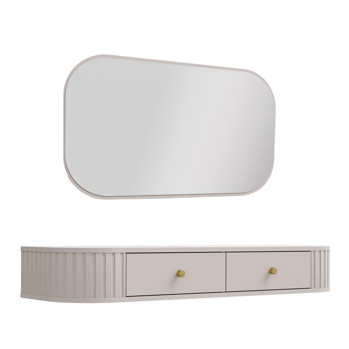 KONSOLENTISCH Halay Beige 2 Schubladen mit runden Kanten + Rechteckiger Spiegel - Beige/Goldfarben, Holzwerkstoff/Metall (36/123/17.5cm) - AX Living