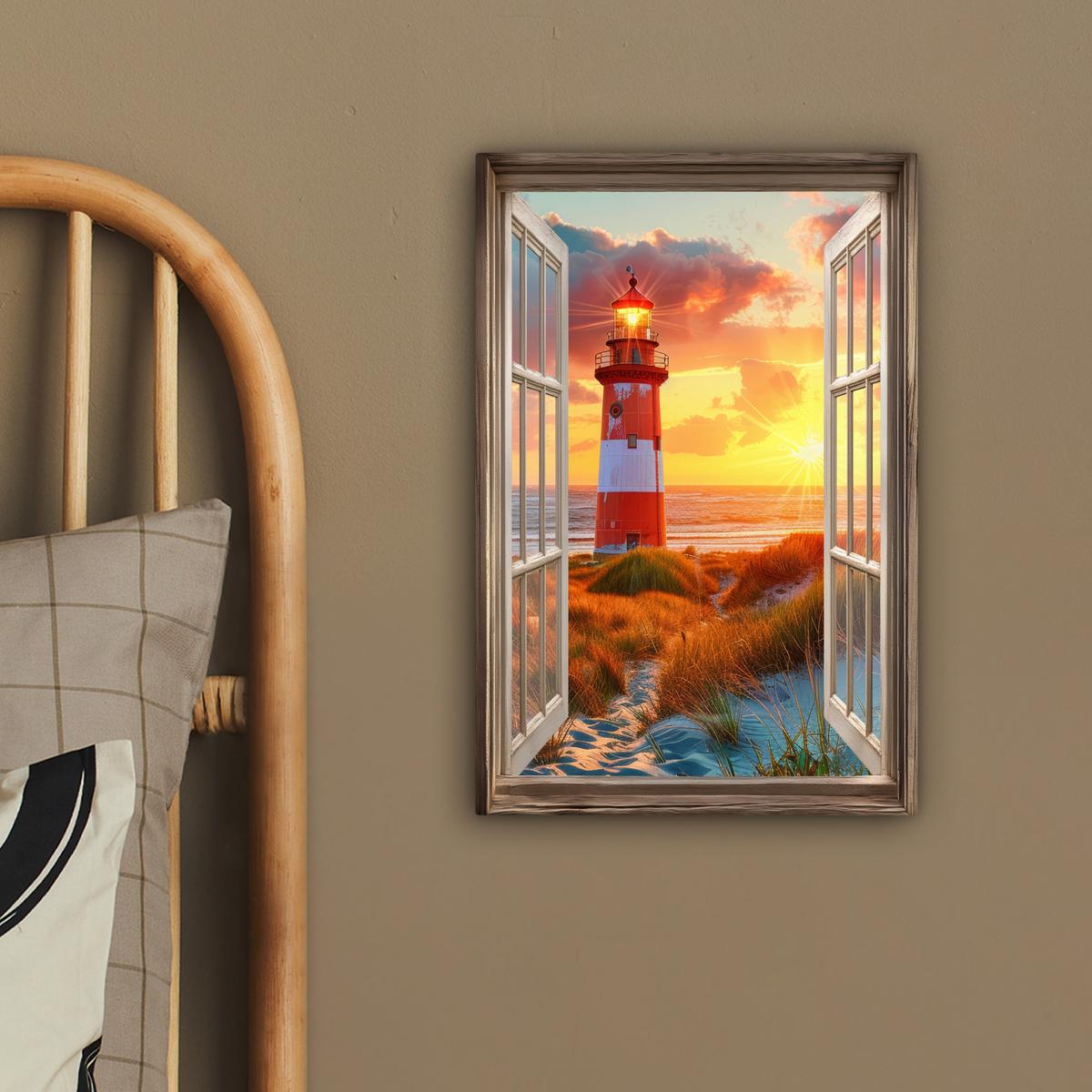 LEINWANDBILD Aussicht - Fenster - Leuchtturm - Sonnenuntergang - Strand Deko Wohnzimmer 20x30 cm - Dunkelorange, Textil (20/30cm) - MuchoWow