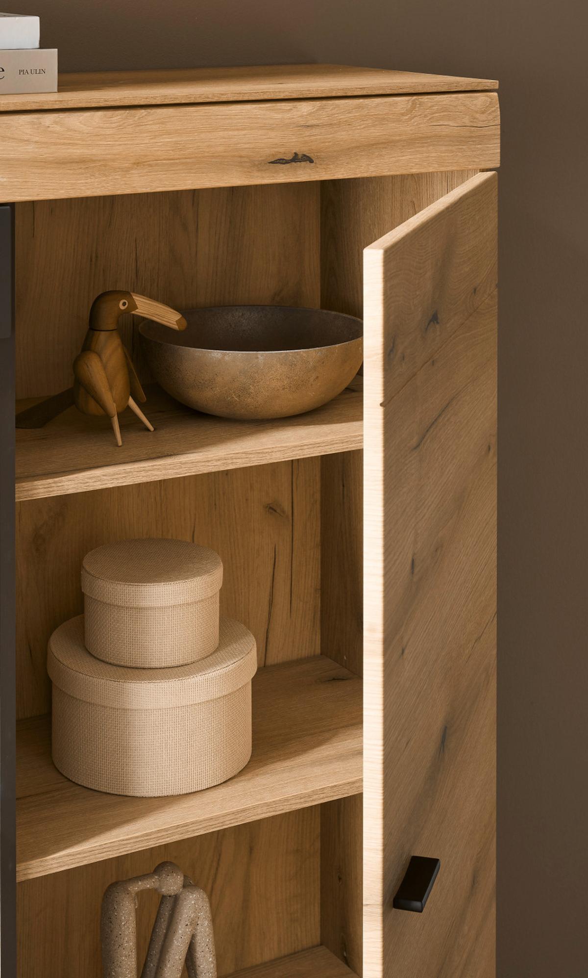VITRINE in Eiche, grau 90 x 151 cm, Highboard mit Soft-Close - Kaschmir/Eichefarben, Glas/Holzwerkstoff (90/141/35cm) - Furn.Design
