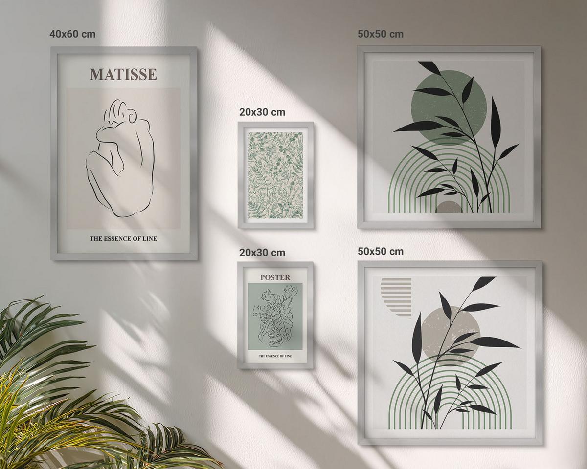 BILDER SET 5er Set - 50x50 cm & 20x30 cm & 40x60 cm Silberner Rahmen - Linien, Pflanzenmuster, Minimalismus - Silberfarben, Kunststoff (40/60cm) - TULUP