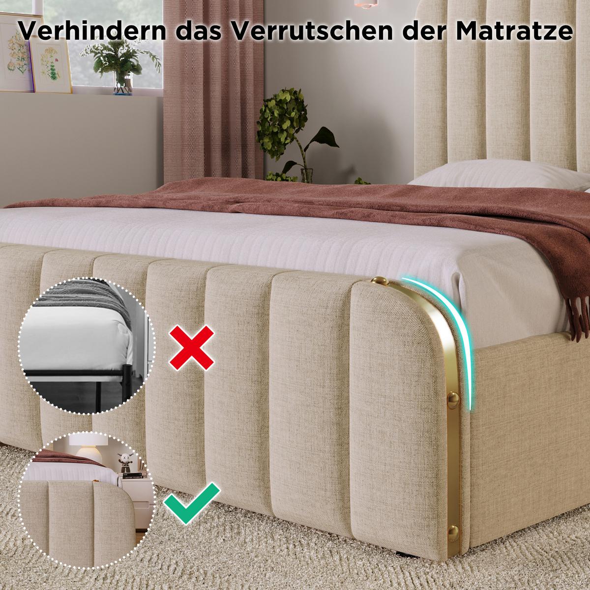 POLSTERBETT 140x190 cm aus beigem leinen, mit 4 schubladen, usb-c und goldenen akzenten - Beige, Textil (140/190cm) - Urban Meuble