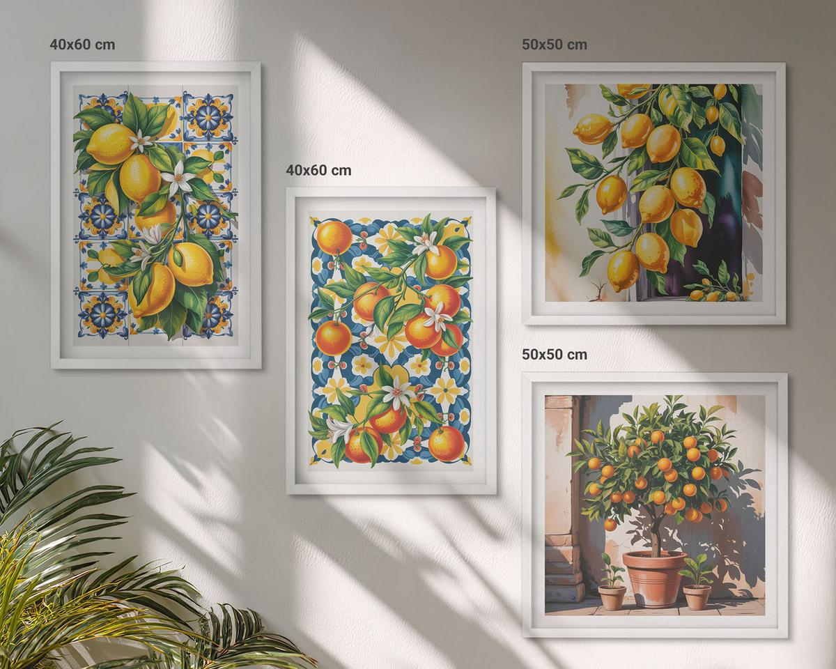 BILDER SET 4er Set - 50x50 cm & 40x60 cm Weißer Rahmen - Farbenfrohe abstrakte Zitrusfrüchte - Weiß, Kunststoff (50/50cm) - TULUP