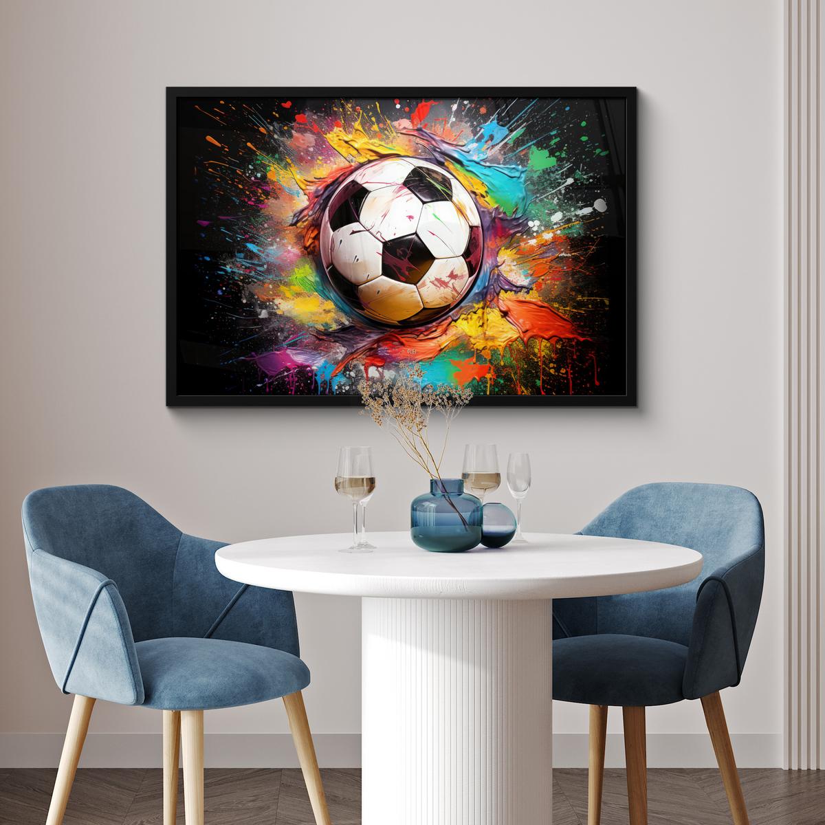 POSTER MIT RAHMENGERAHMTES BILD Fußball - Farbe - Farben - Schwarz - Weiß 90x60 cm - Weiß, Papier (90/60cm) - MuchoWow