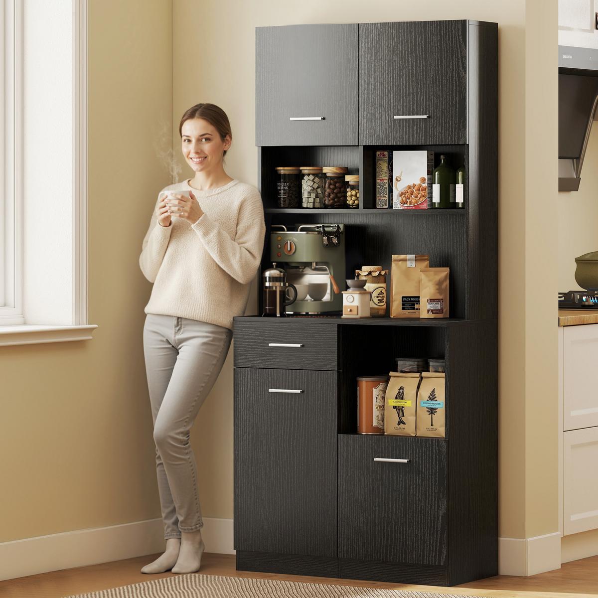 KÜCHENSCHRANK Hochschrank mit verstellbarem Regal Schublade Schwarz - Silberfarben/Schwarz, Holzwerkstoff/Metall (35/180/80cm) - HOMCOM