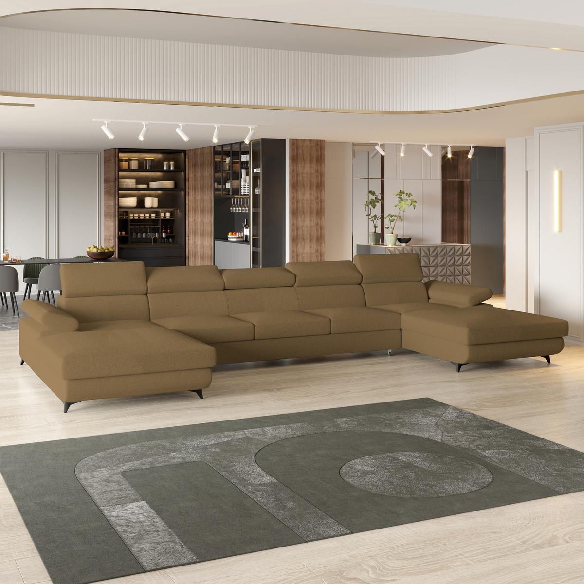 WOHNLANDSCHAFT VIVENTE Orange Boucle-Stoff mit Schlaffunktion - Orange, Holz (410/89/190cm) - MASSENO