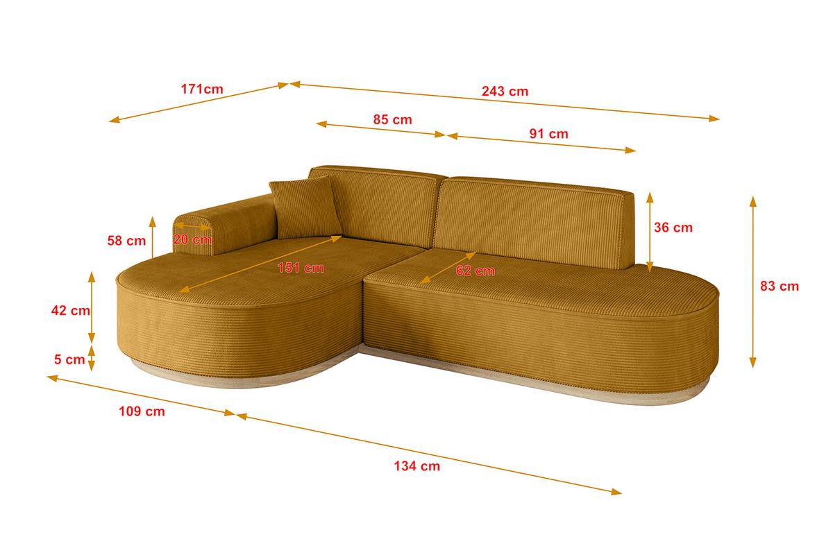 ECKSOFA Ottomane Links MARI-L1-v1 - 243x171x83 cm Senfgelb Cord - Gelb, Holzwerkstoff/Textil (243/171cm) - ALTDECOR