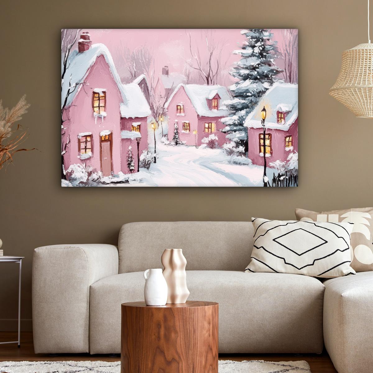 LEINWANDBILD Weihnachtsdorf - Rosa - Winter - Schnee - Häuser Wohnzimmer Groß 120x80 cm - Altrosa, Textil (120/80cm) - MuchoWow