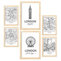 POSTER Set Mit 6 Drucke Von Uk 2 Von Karten In Schwarz Weiß A3 & A4 Rahmen Aus Hellem Holz - Beige, Papier (29/3cm) - Nacnic