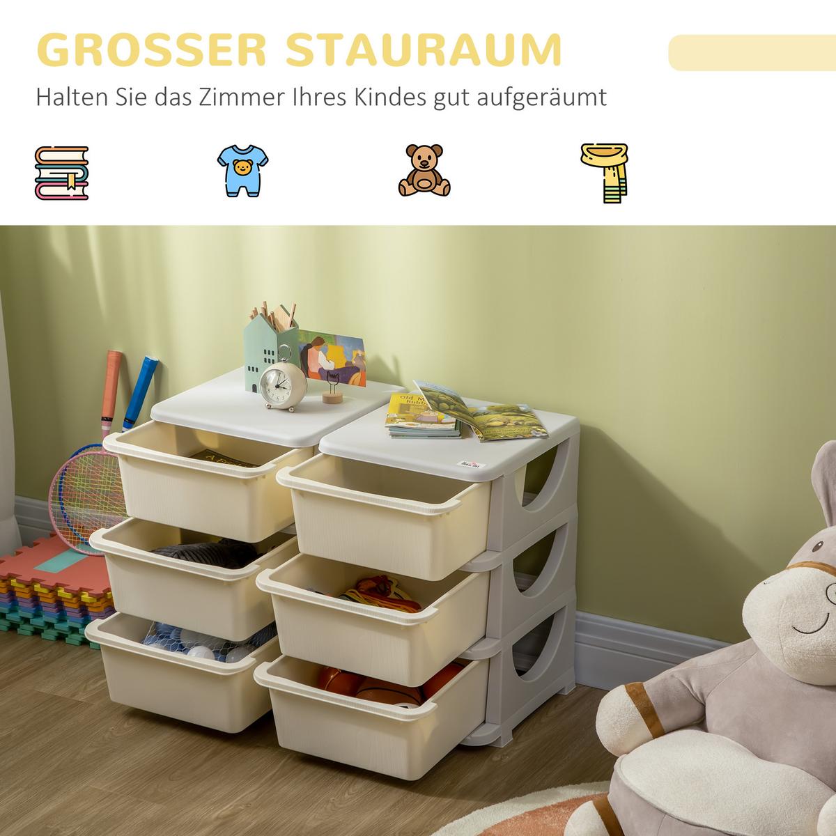SCHUBLADENSCHRANK für Kinder Aufbewahrungsboxen mit 6 Ebenen Kindermöbel Creme - Creme, Kunststoff (37/56.5/75cm) - HOMCOM