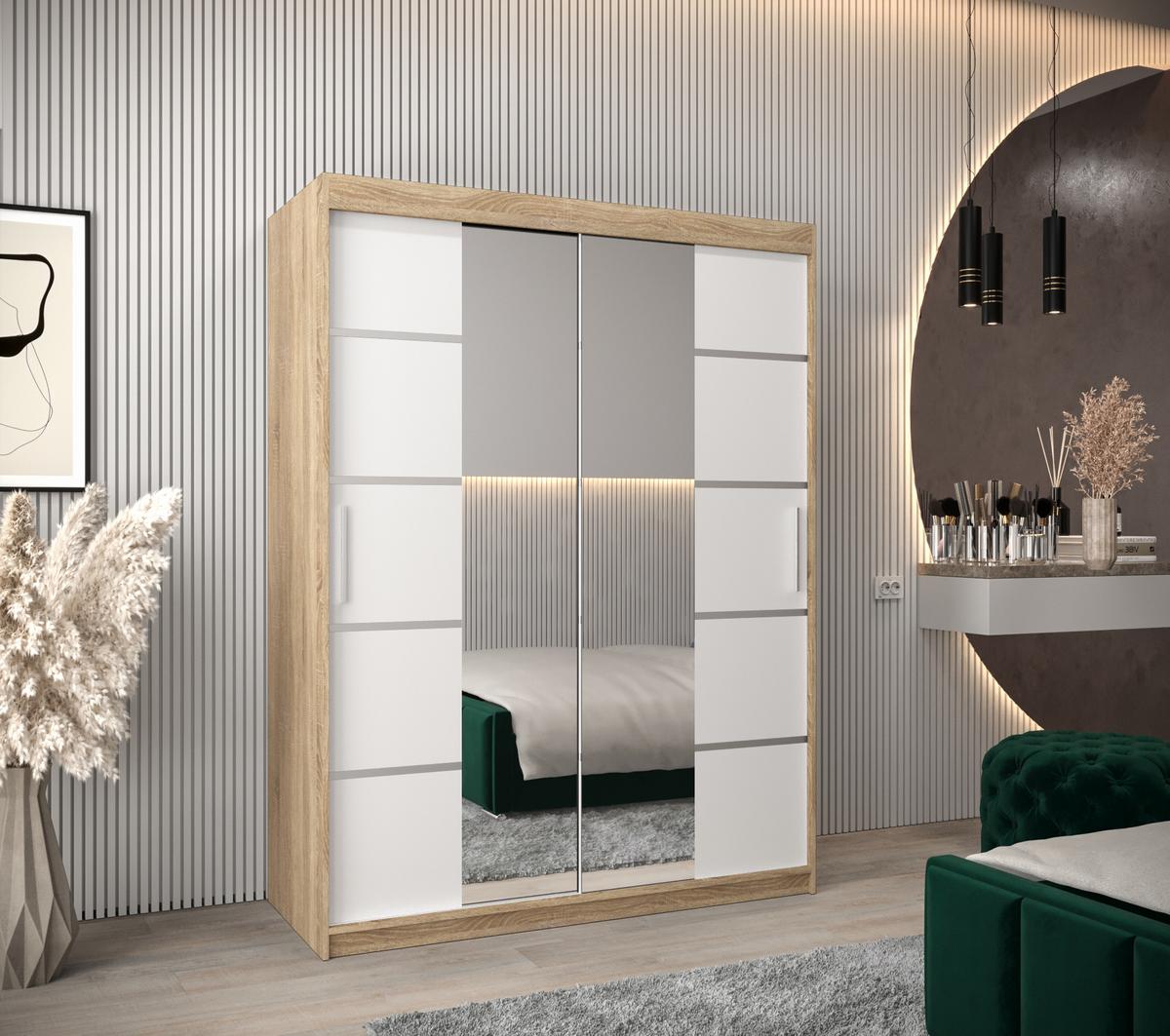 SCHWEBETÜRENSCHRANK 200/150/62 2-türig - Silberfarben/Weiß, Holz/Kunststoff (150/200/62cm) - MÖBEL KRYSPOL