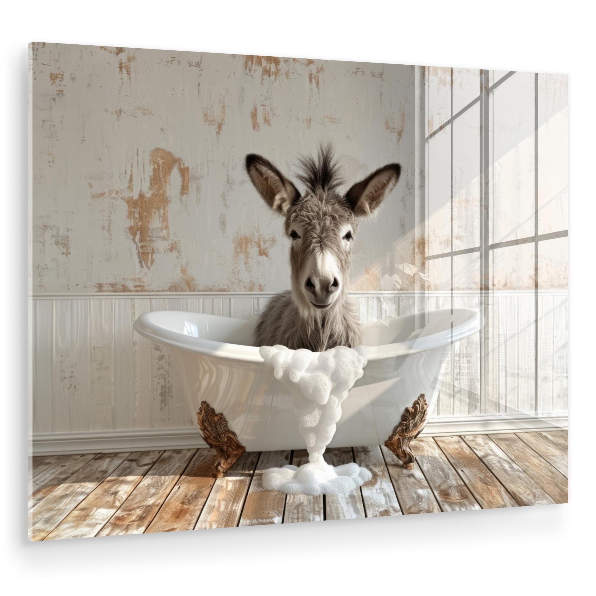 ACRYLGLASBILD Esel - Tiere - Badewanne - Schaumstoff 80x60 cm - Weiß, Glas (80/60cm) - MuchoWow