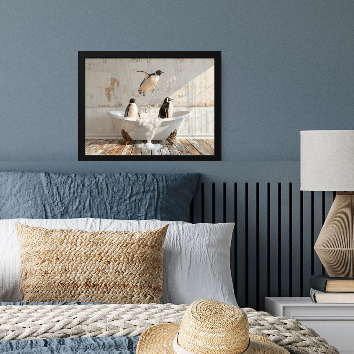 POSTER MIT RAHMENGERAHMTES BILD Vintage - Pinguin - Badewanne - Schaumstoff 40x30 cm - Schwarz, Papier (40/30cm) - MuchoWow