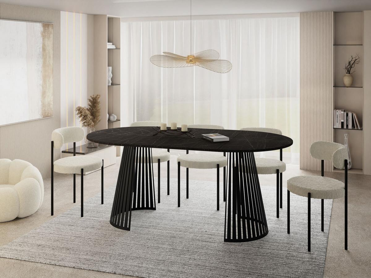 ESSTISCH Naro rund ausziehbar mit Schwarzem Lamellen-Metallgestell, Marmor Schwarz 100-180/100/76 cm - Anthrazit/Schwarz, Holzwerkstoff/Metall (100/176/76cm) - WFL GROUP