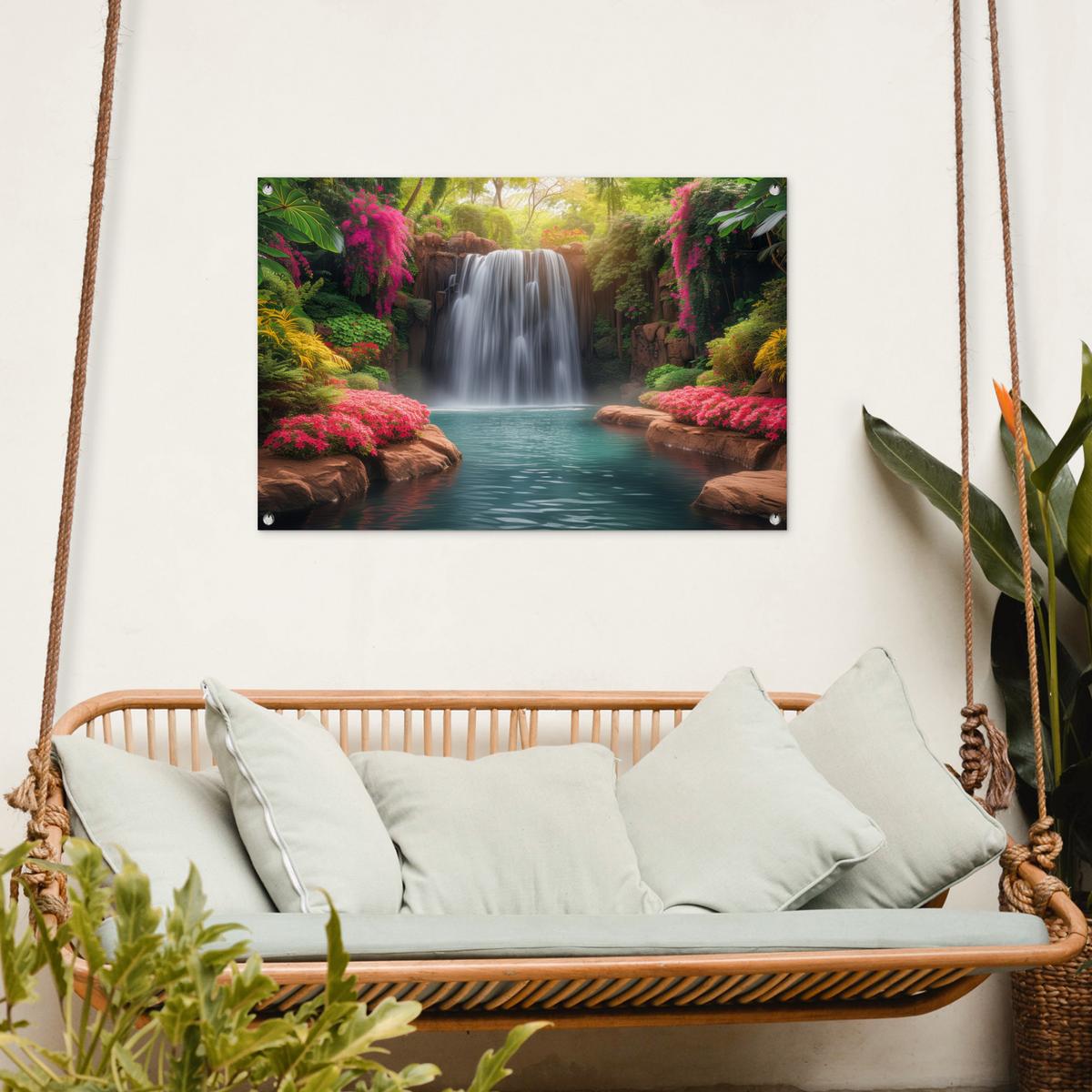 GARTENPOSTER Wasserfall - Natur - Pflanzen - Dschungel - Wasser Gartendeko 90x60 cm - Grün, Kunststoff (90/60/0.2cm) - OnlyWow