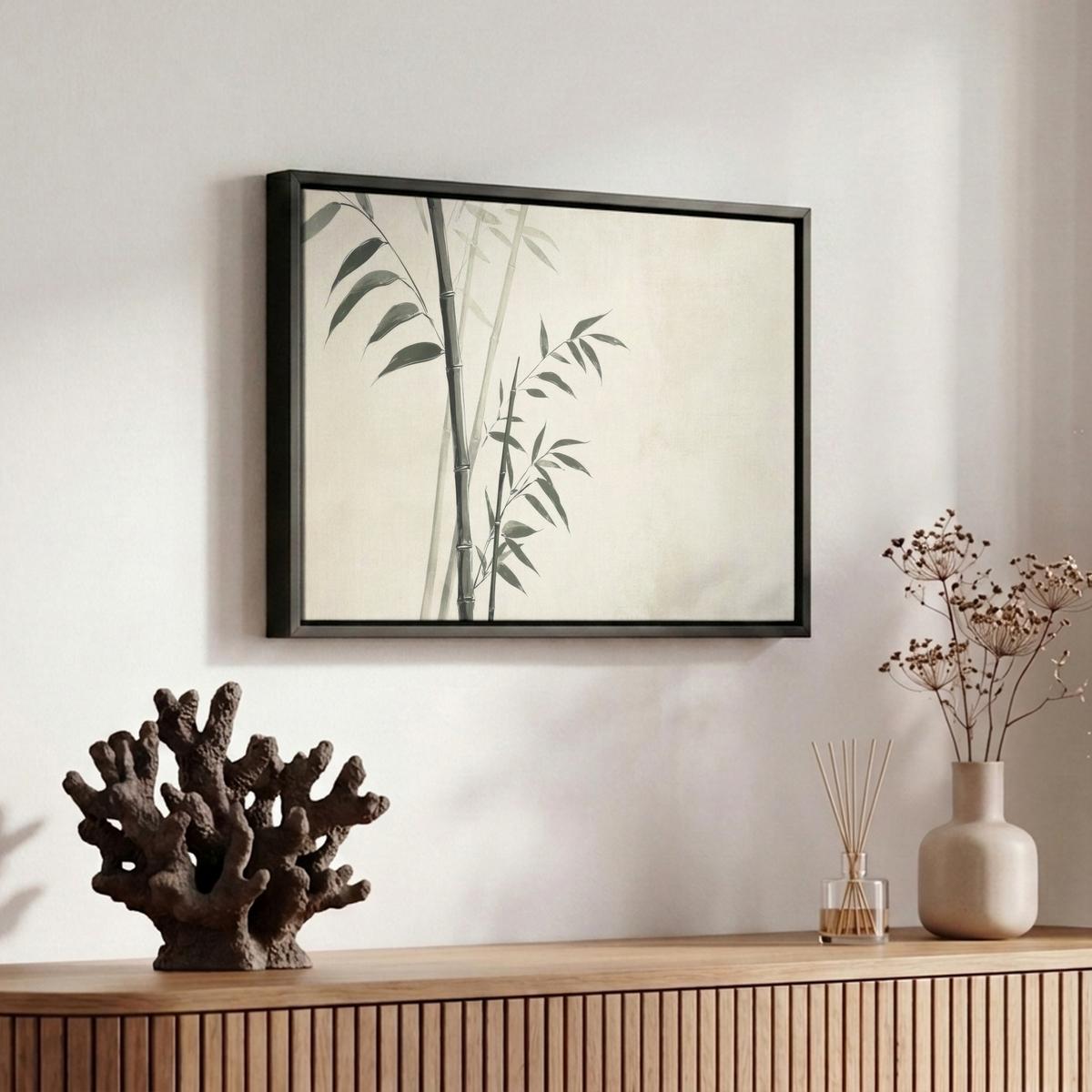 LEINWAND Bilder mit Rahmen - Japandi - Bambus - Beige - 30x20 - Eukalyptusholzfarben, Textil (30/20cm) - MuchoWow