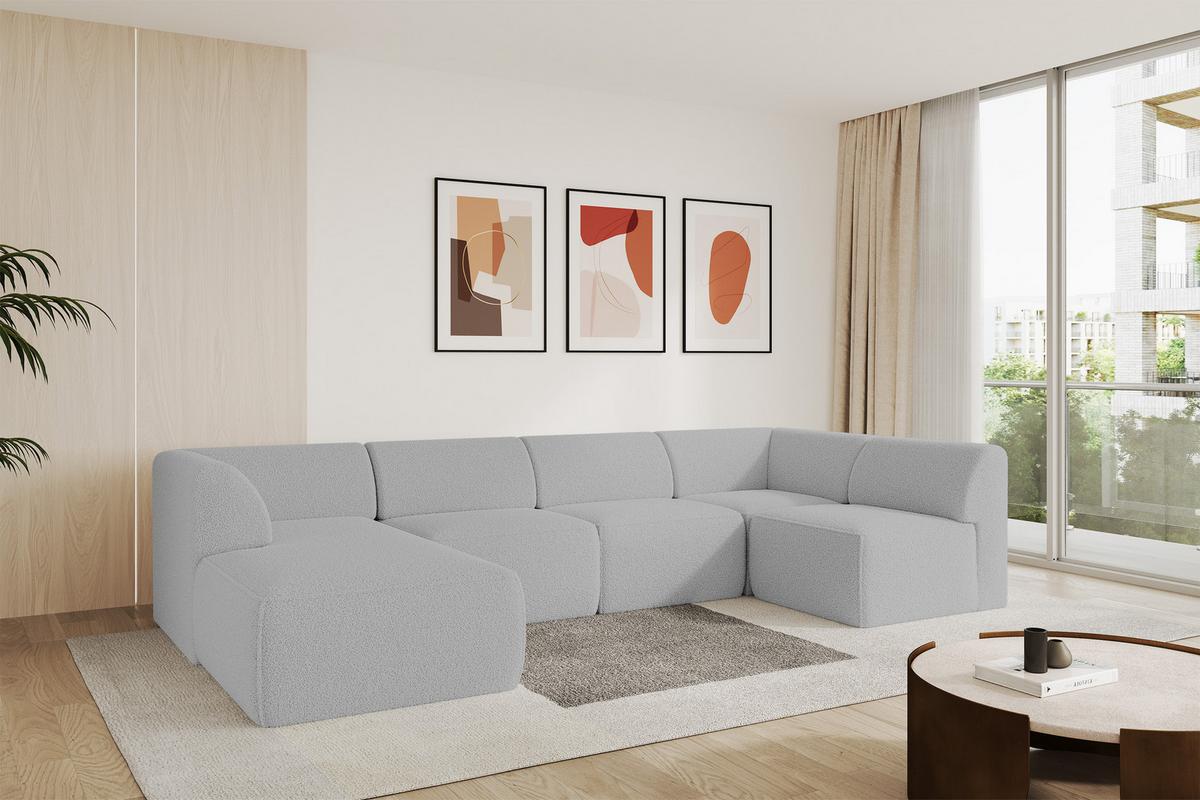 WOHNLANDSCHAFT Ottomane Links MOVO-L 345x180x78 cm Hellgrau Bouclé - Anthrazit, Holzwerkstoff/Kunststoff (345/78/180cm) - ALTDECOR