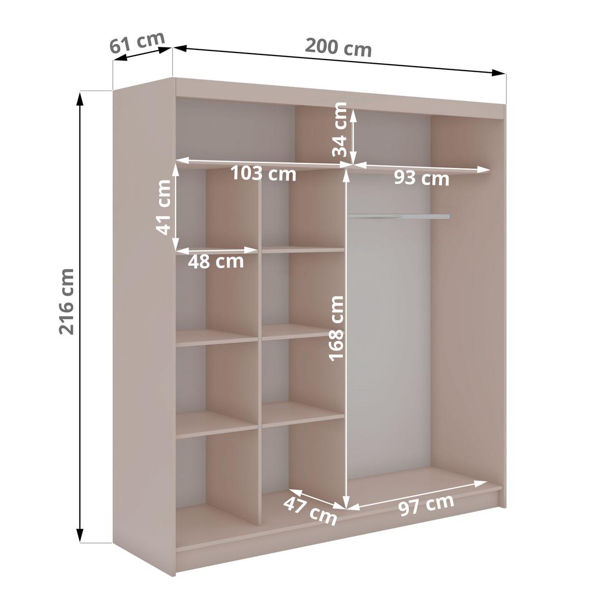 SCHWEBETÜRENSCHRANK mit Spiegel - WALENCJA - 200 - Kaschmir-Grau lacobel - Kaschmir/Alufarben, Holzwerkstoff/Metall (200/216/61cm) - MKS