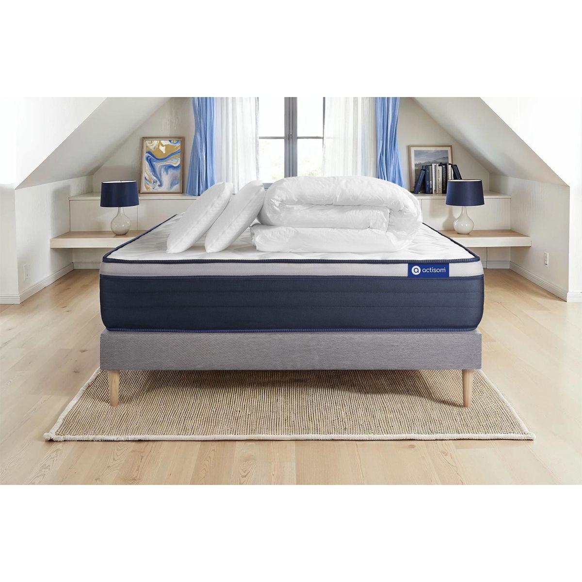 BETT Actilatex max Latex und Memory-Schaum 140 x 200 cm h3 - Kit Bettgestell Grau - Mit Kissen und Bettdecke - Beige/Grau, Karton/Holz (140/200cm) - ACTISOM