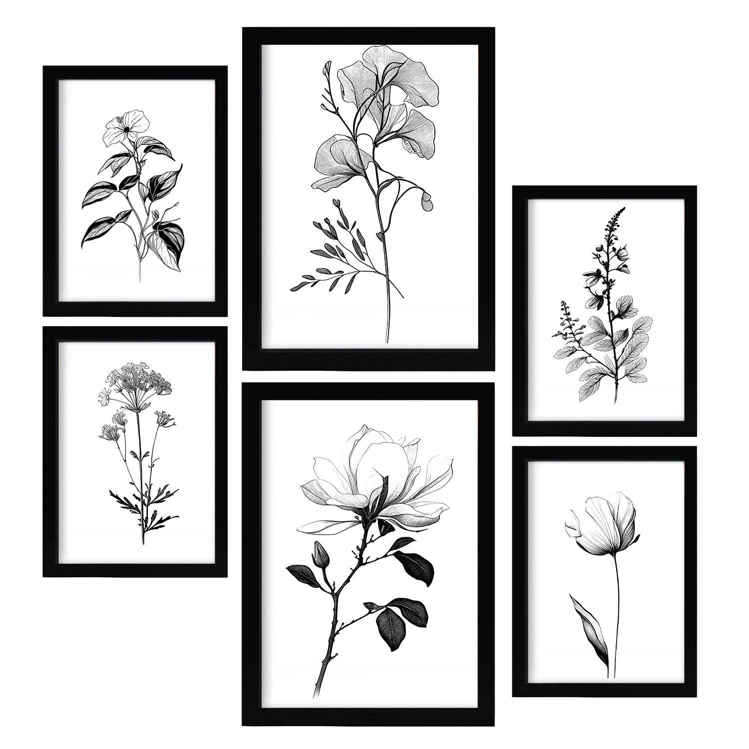 POSTER Set Mit 6 Üppige Blumen Natur Und Botanikdrucke Mit Blumenmotiven In Klassischem Schwarz Und Weiß Innenarchitektur A3 & A4 Schwarzer Rahmen - Schwarz, Papier (29/3cm) - Nacnic
