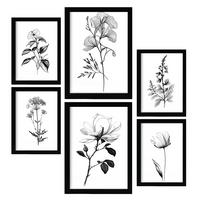 POSTER Set Mit 6 Üppige Blumen Natur Und Botanikdrucke Mit Blumenmotiven In Klassischem Schwarz Und Weiß Innenarchitektur A3 & A4 Schwarzer Rahmen - Schwarz, Papier (29/3cm) - Nacnic