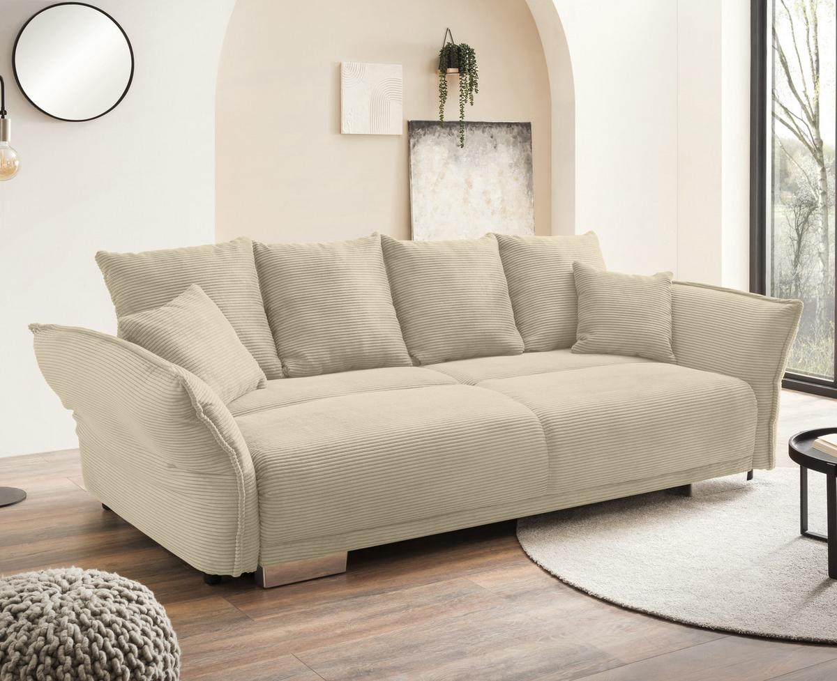 BIG-SOFA mit Schlaffunktion, Bettkasten, Federkern, Armlehnen verstellbar B242/T131/H90 cm, Liegefläche 168x199 cm, Cord Beige Grau / 17215 - Chromfarben/Greige, Kunststoff/Textil (242/90/131cm) - luma-home