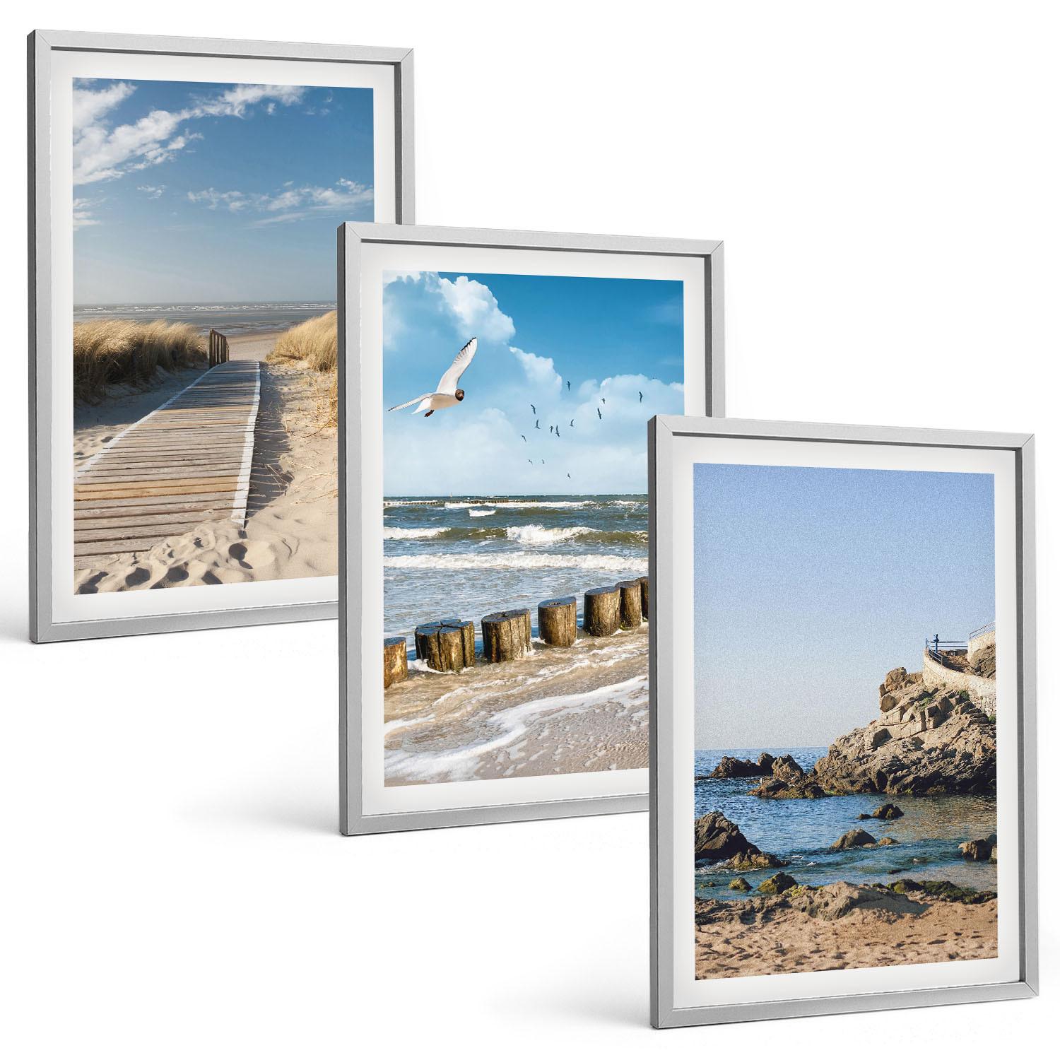 BILDER SET 3er Set - 40x60 cm Silberner Rahmen - Strand Holzsteg Klippen - Silberfarben, Kunststoff (40/60cm) - TULUP