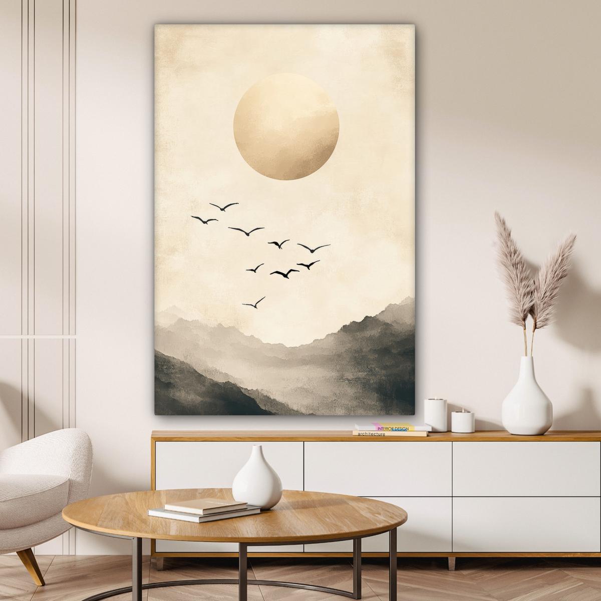 LEINWANDBILD Landschaft - Japandi - Vogel Deko XXL 80x120 cm - Beige, Textil (80/120cm) - MuchoWow