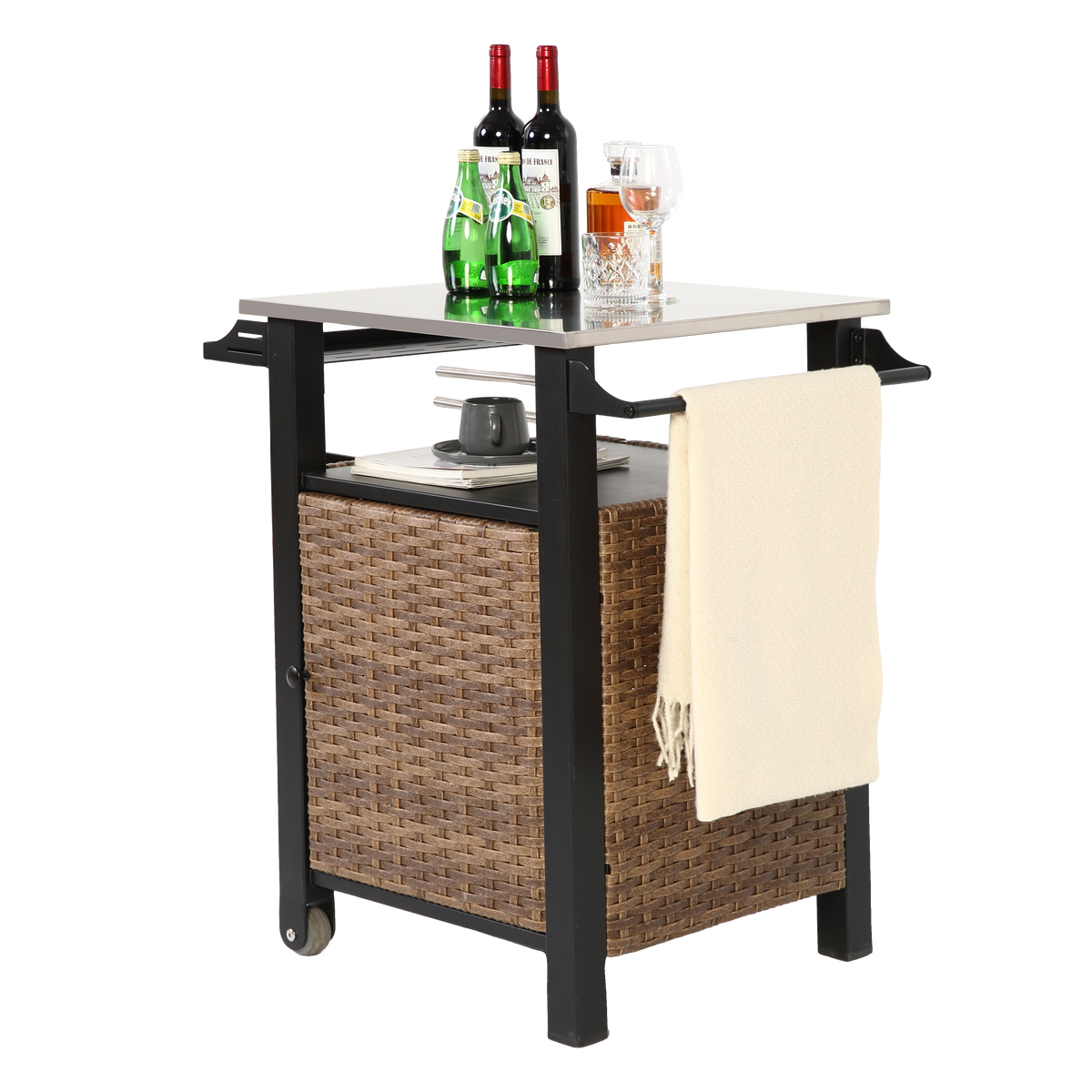 GARTENBEISTELLTISCH 76 cm Braun – Outdoor Servierwagen mit Edelstahlplatte & Rollen - Braun, Metall (57/76/85cm) - Urban Meuble