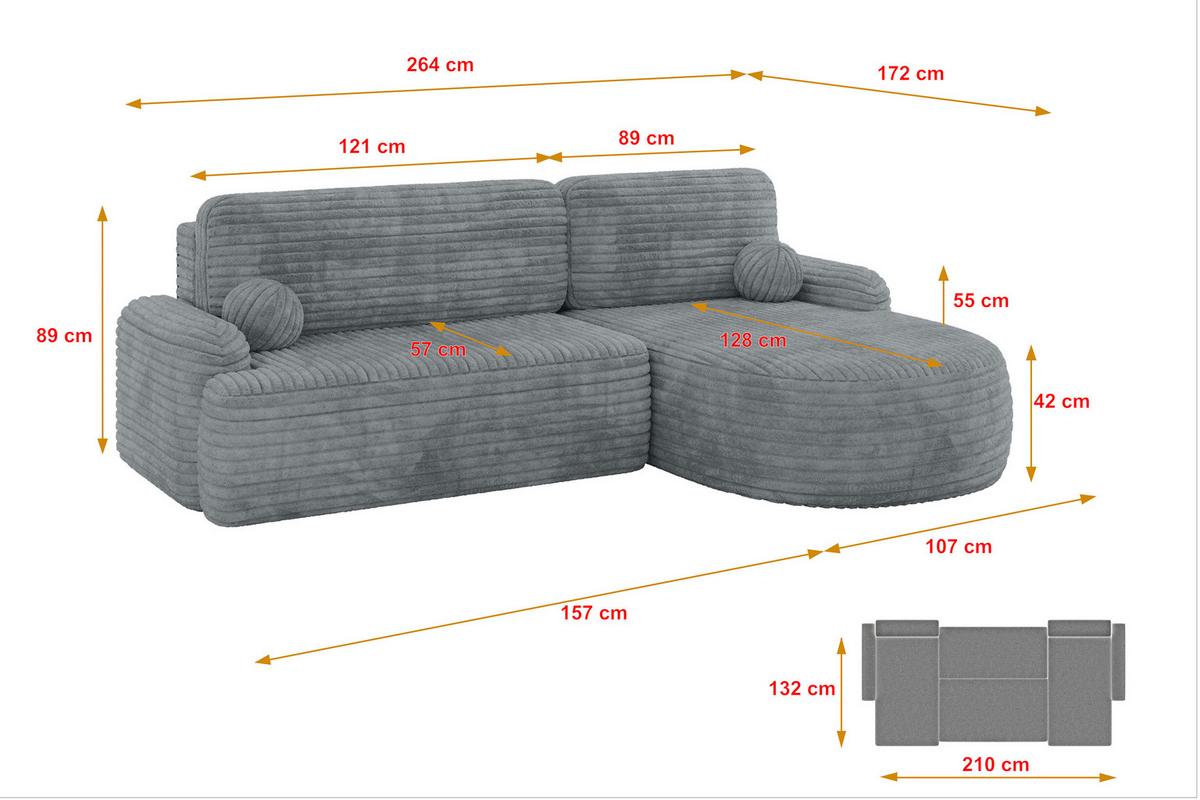 ECKSOFA mit Schlaffunktion und Bettkasten LIRA-L - 264x172x89 Dunkelgrau - Dunkelgrau, Holzwerkstoff/Textil (172/264cm) - ALTDECOR