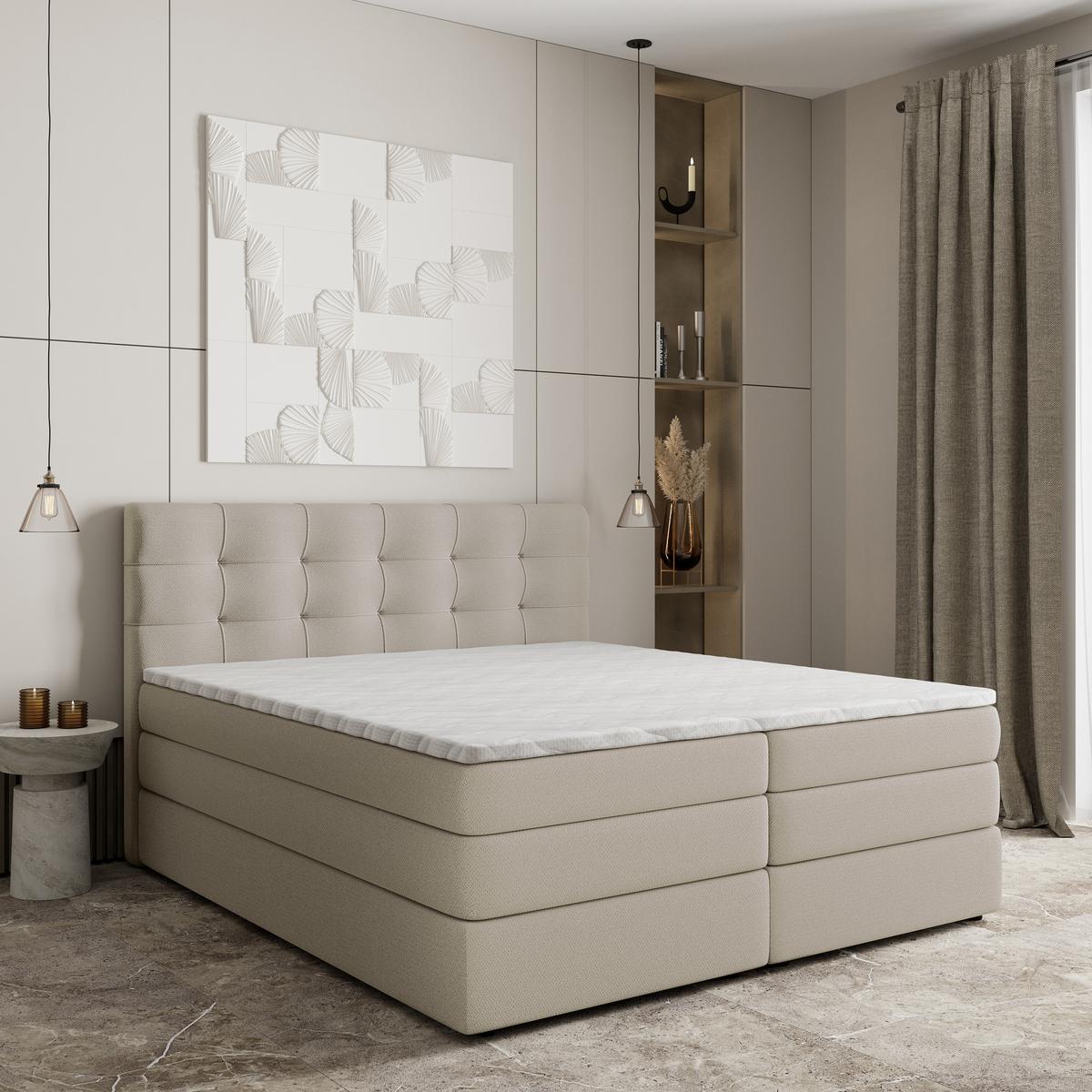 BOXSPRINGBETT AREZI 180x200 cm mit Matratze und Topper - Beige - Beige, Holz (180/200cm) - MASSENO