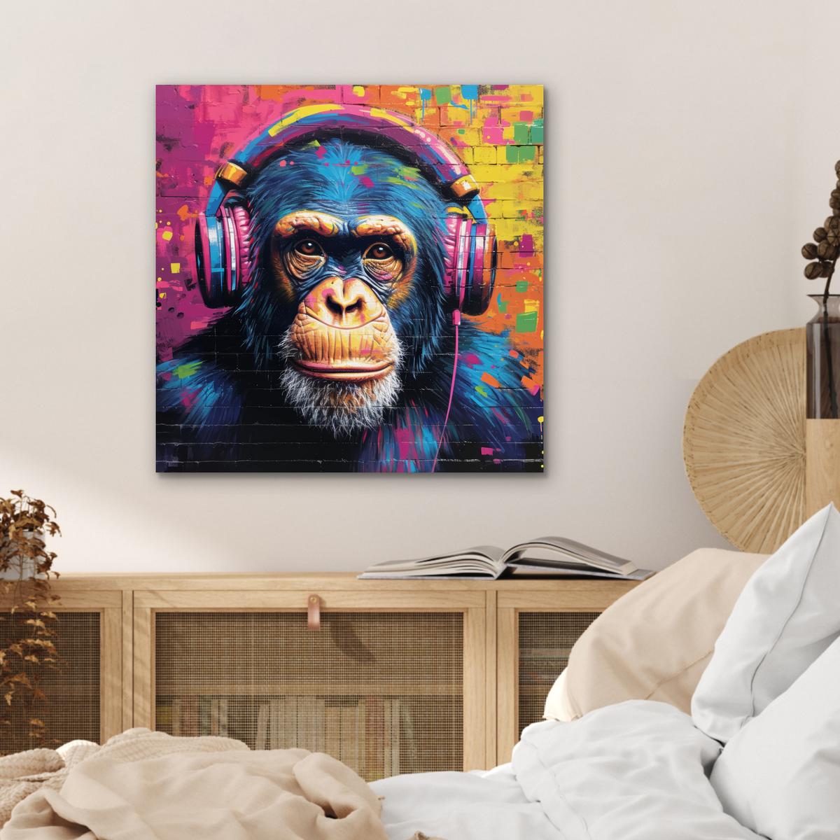 METALLBILD Graffiti - Schimpanse - Straßenkunst - Kopfhörer - Affe 50x50 cm - Blau, Metall (50/50cm) - MuchoWow