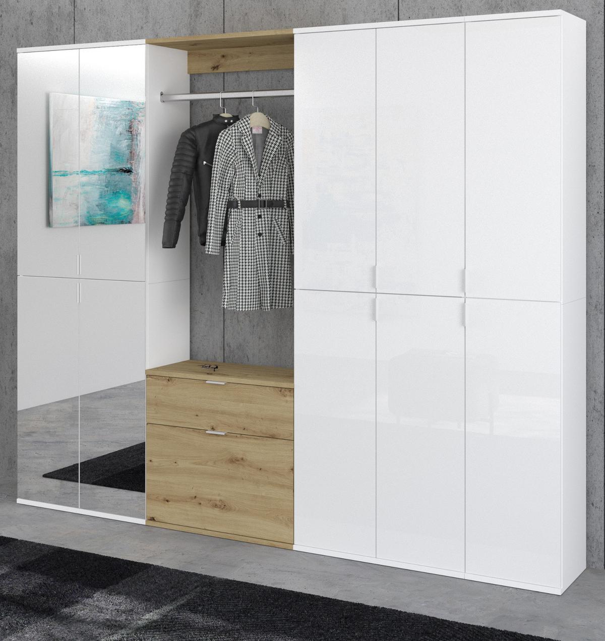 GARDEROBEN-SET weiß Hochglanz, Eiche 213 cm, Komplettset mit Spiegel - Weiß Hochglanz/Eiche Artisan, Holzwerkstoff/Metall (213/193/34cm) - Inn.Furn