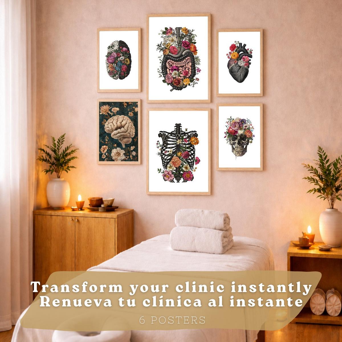 POSTER Set aus 6 Botanische Anatomie Drucke mit Herz Lungen Wirbelsäule Becken und Rippen Beige Terrakotta Erdtöne Leichter Holzrahmen A3 & A4 - Beige, Papier (21/29.7/3cm) - Nacnic