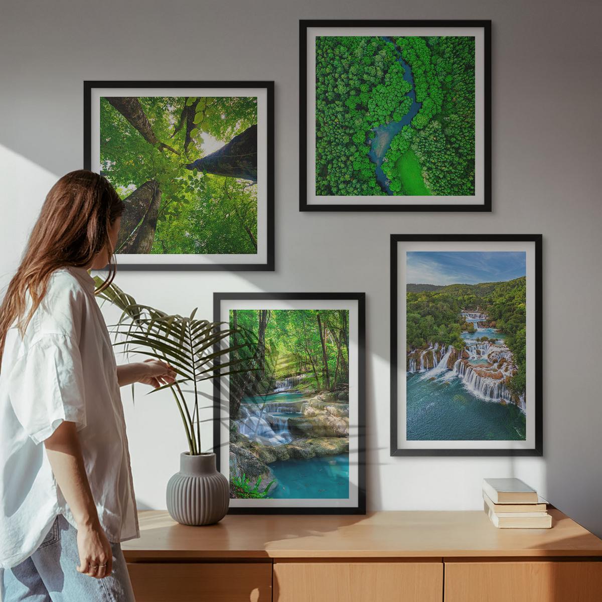 BILDER SET 4er Set - 50x50 cm & 40x60 cm Schwarzer Rahmen - Wasserfälle grüner Wald Wasser - Schwarz, Kunststoff (50/50cm) - TULUP