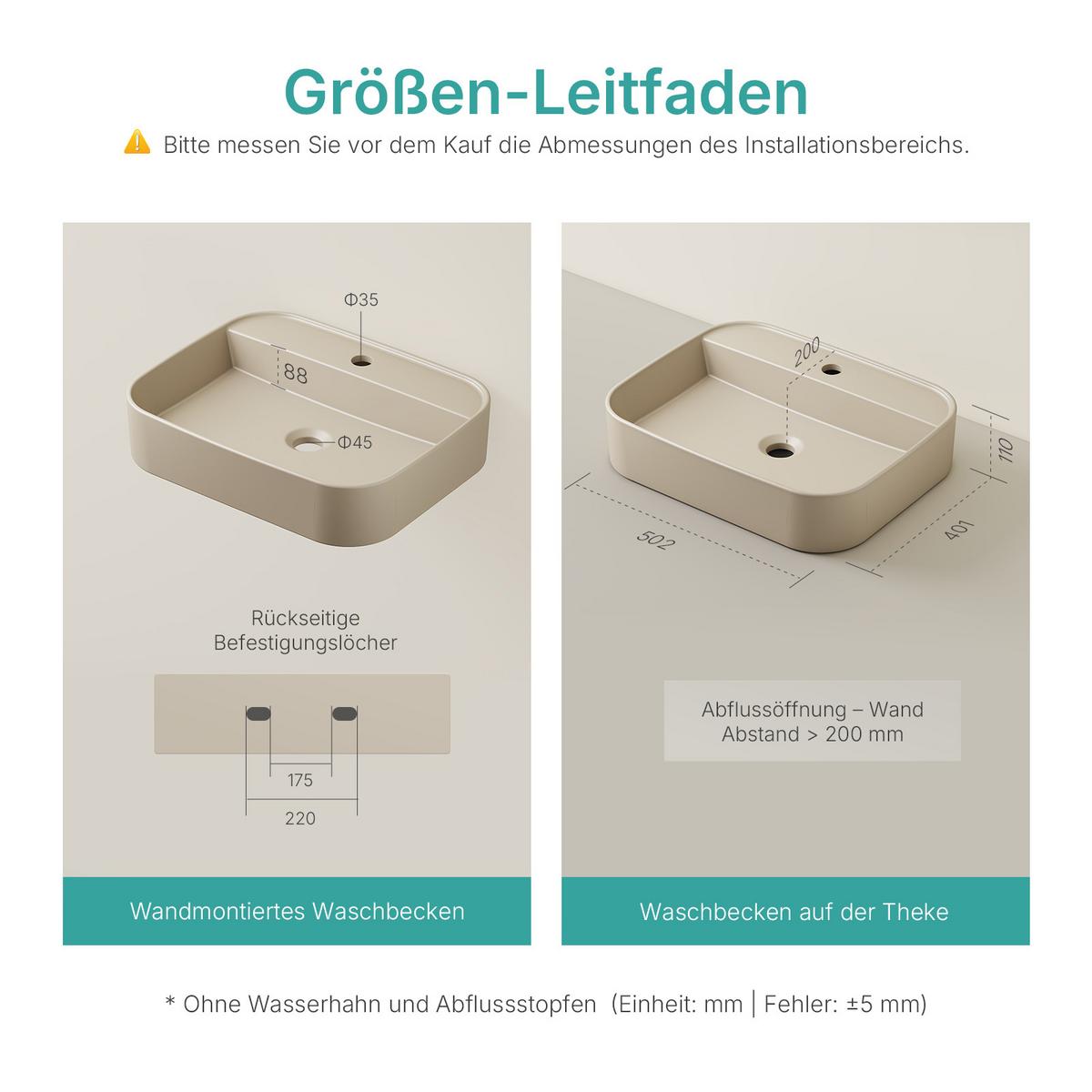 WASCHBECKEN Rechteck Abgerundete Ecken R Mattbeige 40 / 50 / 11 cm - Beige, Keramik (50.2/11/40.1cm) - EMKE