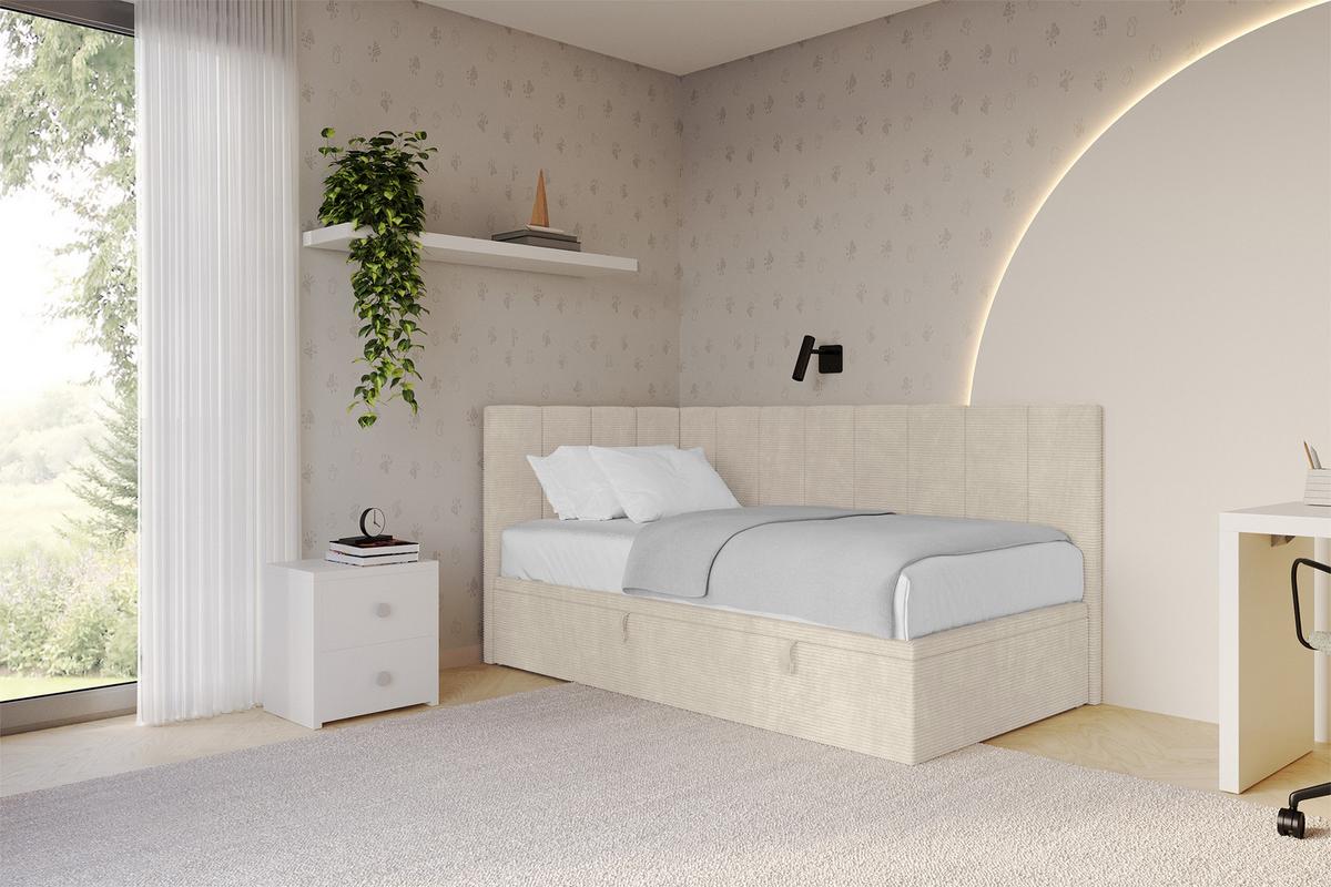 EINZELBETT Jugendbett mit Bettkasten Rechts, mit Matratze - LOVY 90x200 Beige - Sandfarben, Holzwerkstoff/Textil (90/200cm) - ALTDECOR